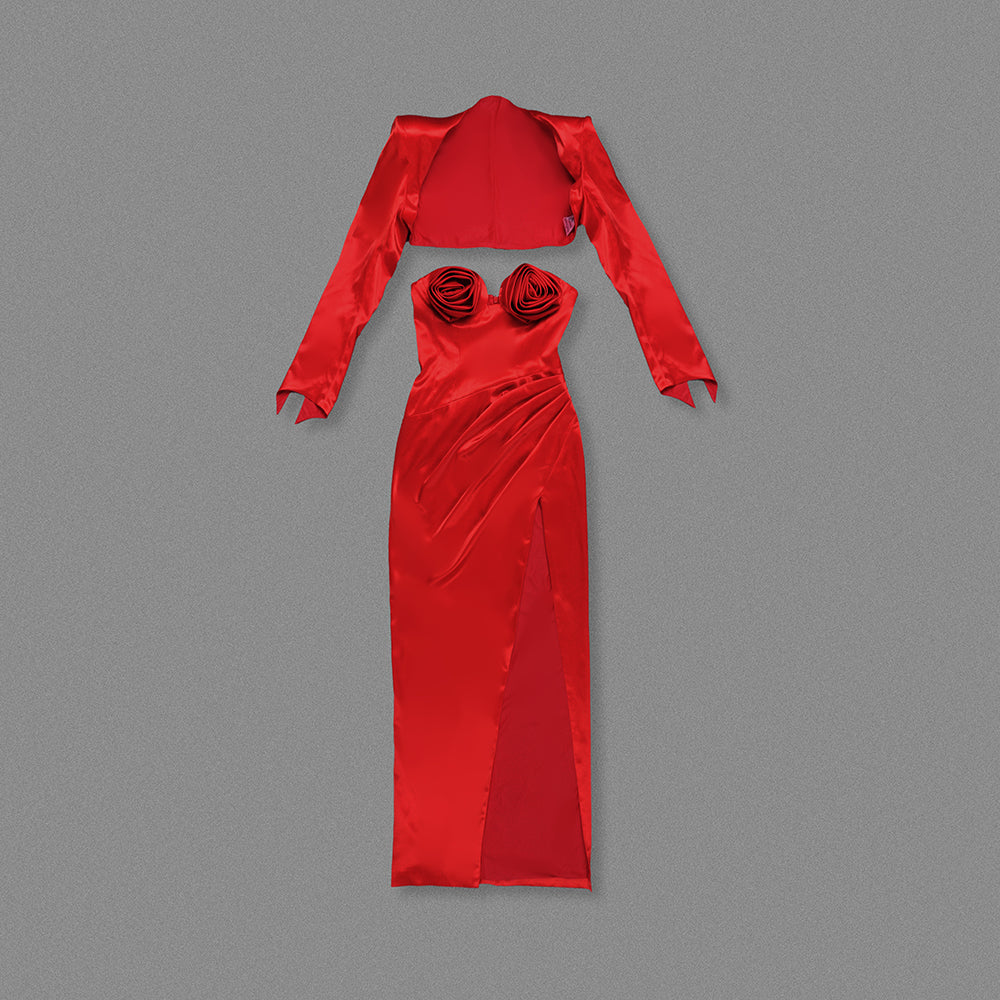 Long Sleeve Floral Maxi Two Piece Dress Red HV2135