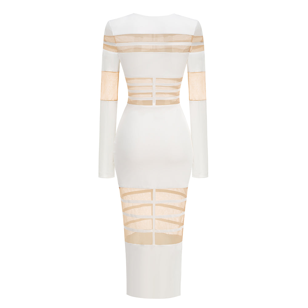 Long Sleeve Mesh Insert Midi Dress HV1502