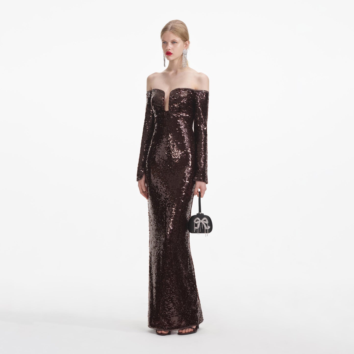 Long Sleeve Bardot Sequin Maxi Dress Brown HV1929