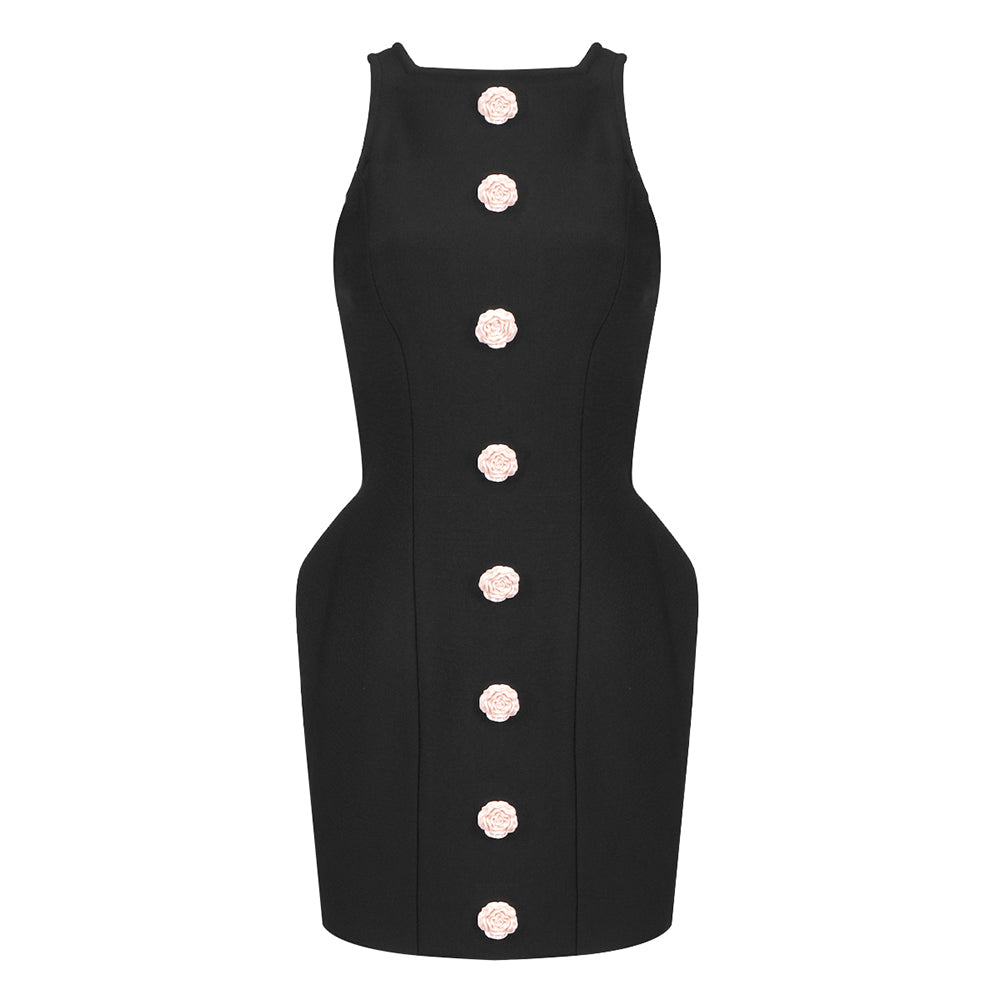 Floral Button Structured Dress Black HV1487