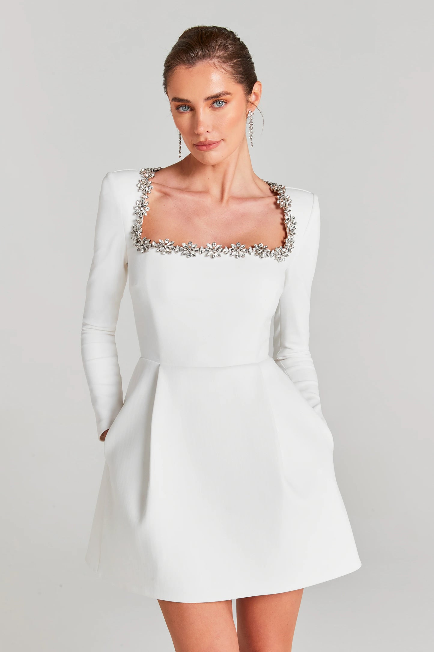 Long Sleeve Crystal A Line Dress White HV1295
