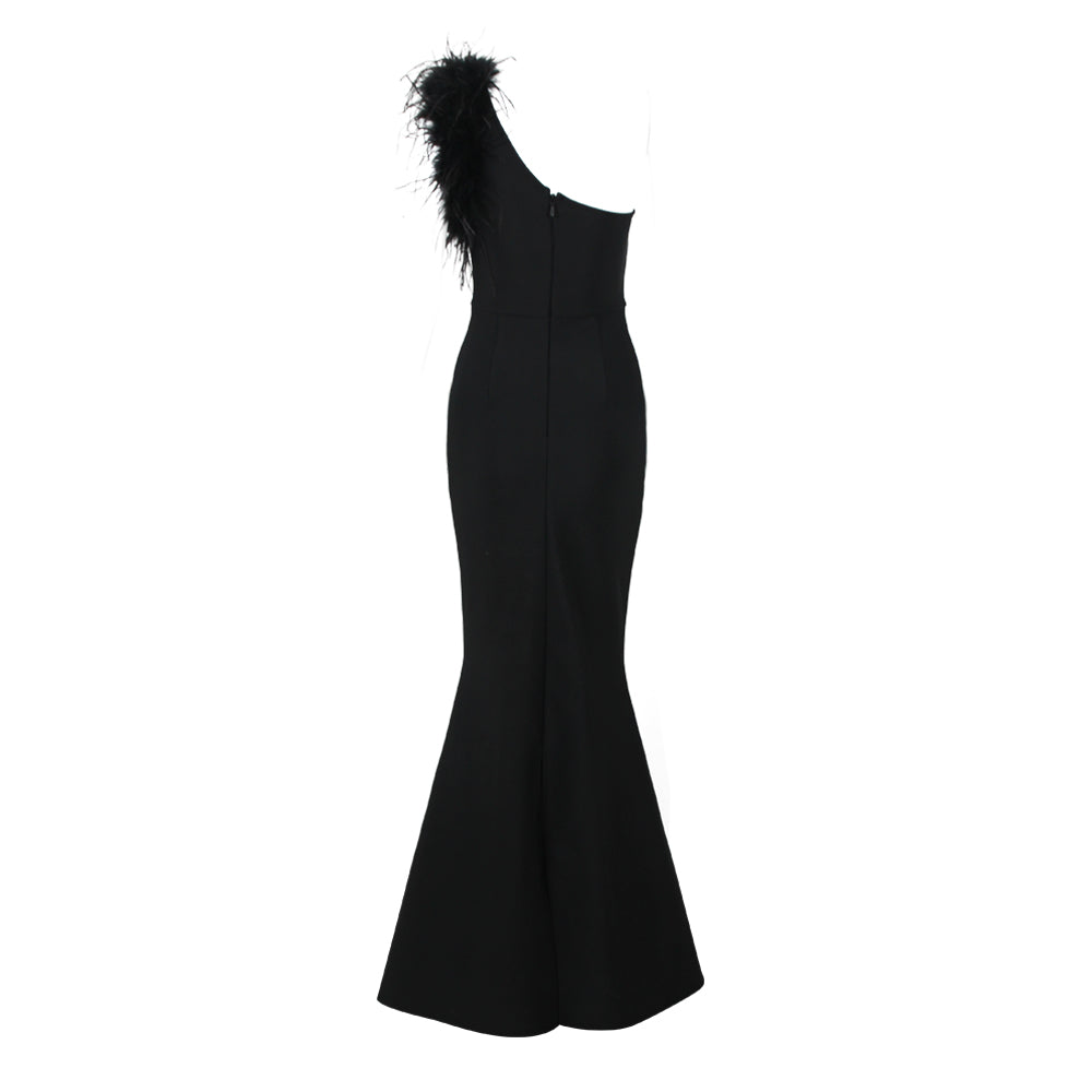Feather One Shoulder Mermaid Maxi Dress Black HV9959