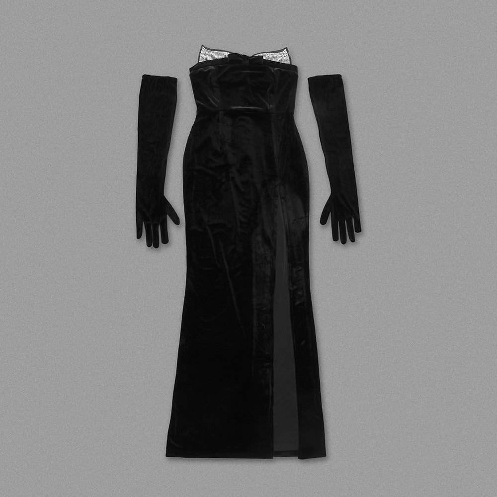 Strapless Embellished Maxi Velvet Dress Black HV1204