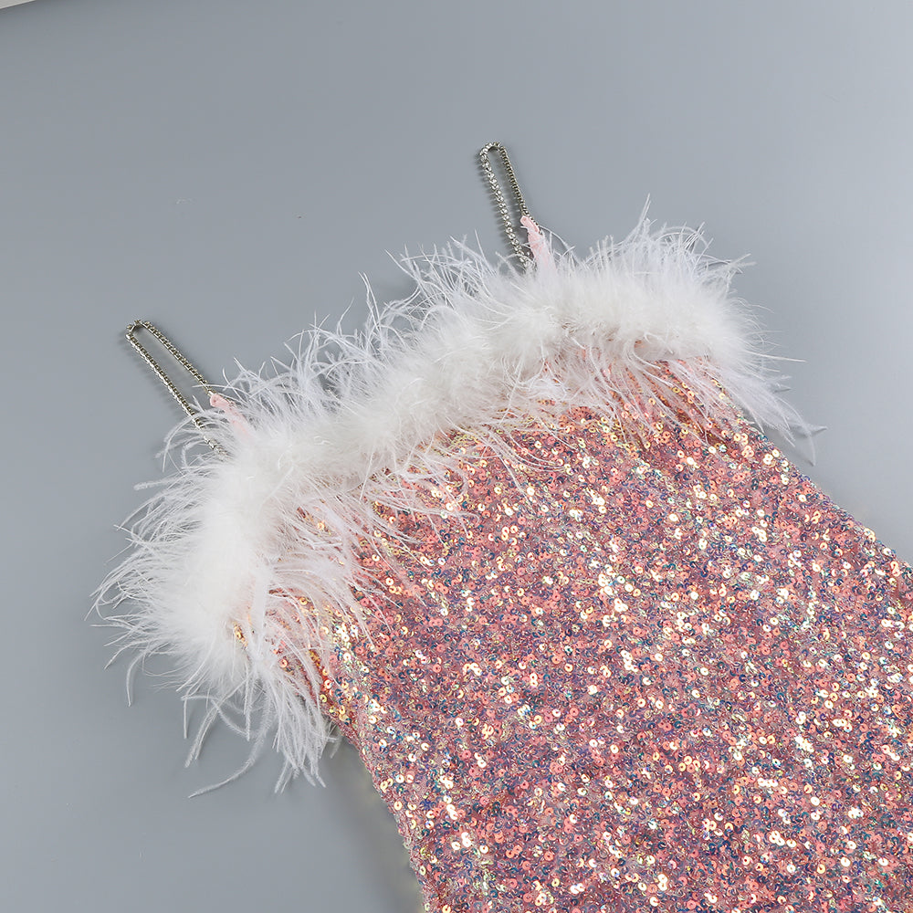 Feather Detail Sequin Midi Dress Pink White