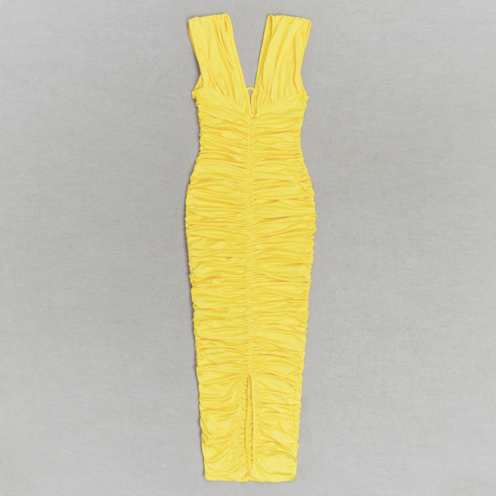 Plunge V Neck Ruched Maxi Dress Yellow HV9828