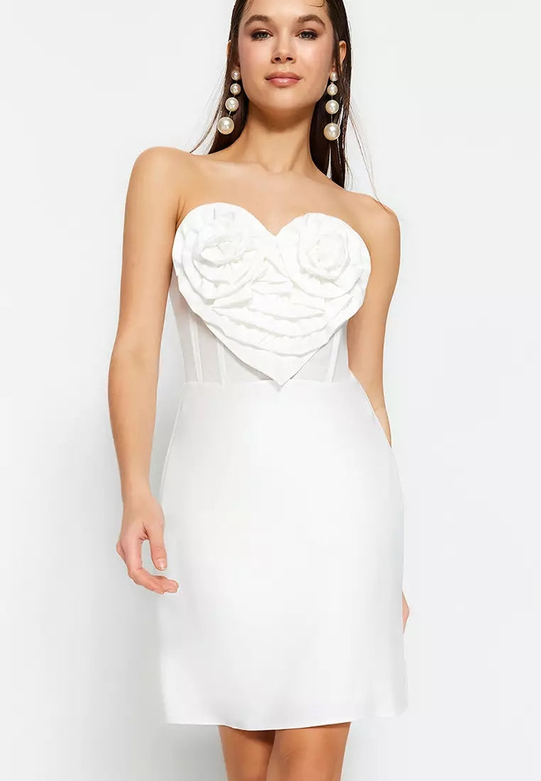 Floral Strapless A Line Dress White HV1175