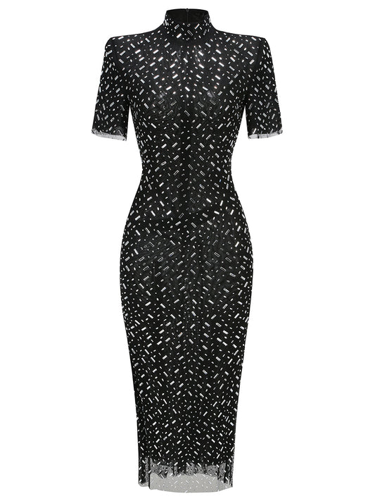 Short Sleeve Crystal Mesh Maxi Dress Black HV2209