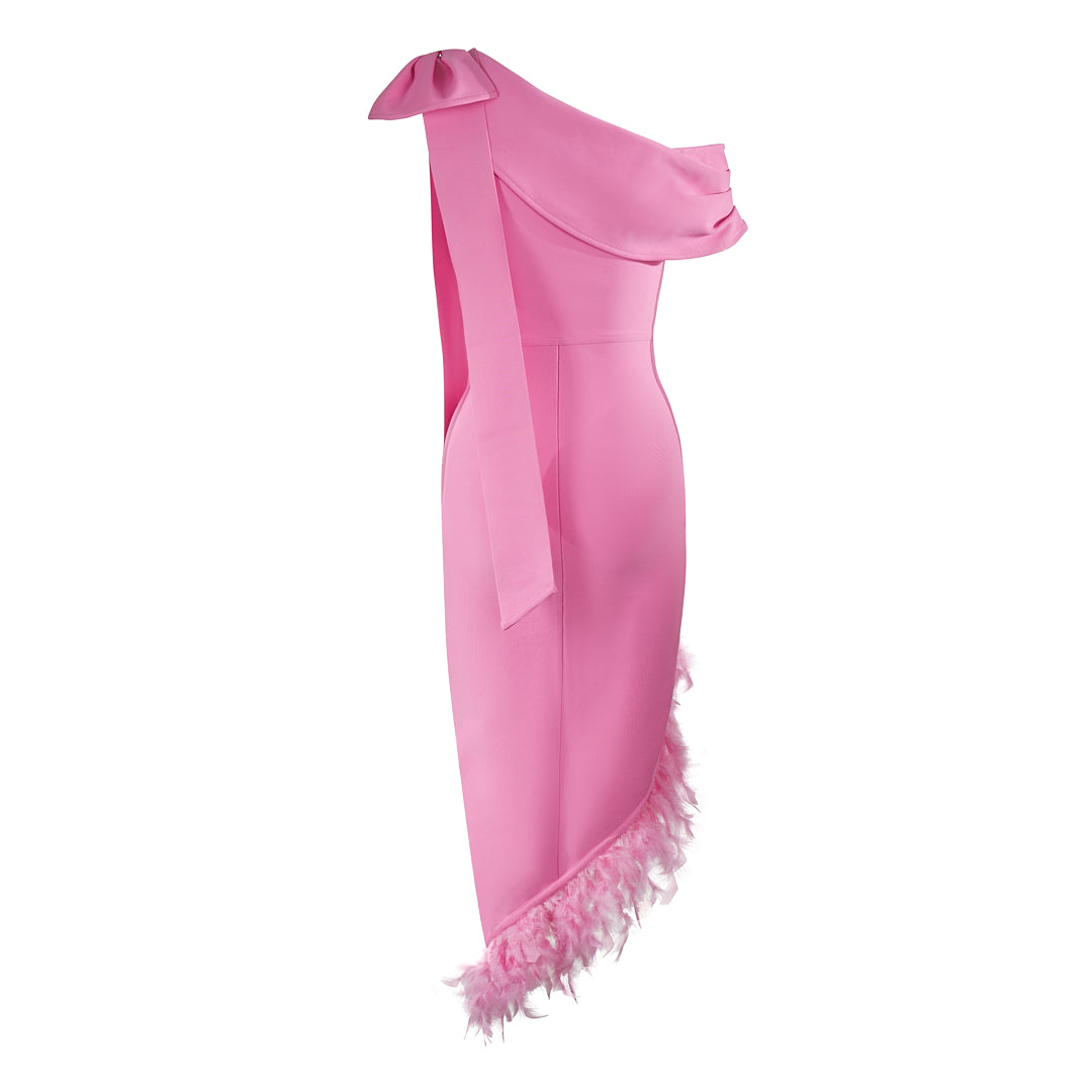 One Shoulder Feather Midi Dress Pink HV1563