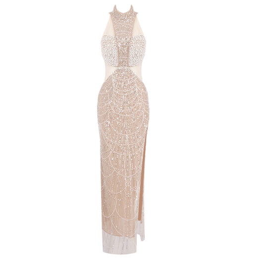 Halter Pearl Sequin Maxi Dress Nude HV1972
