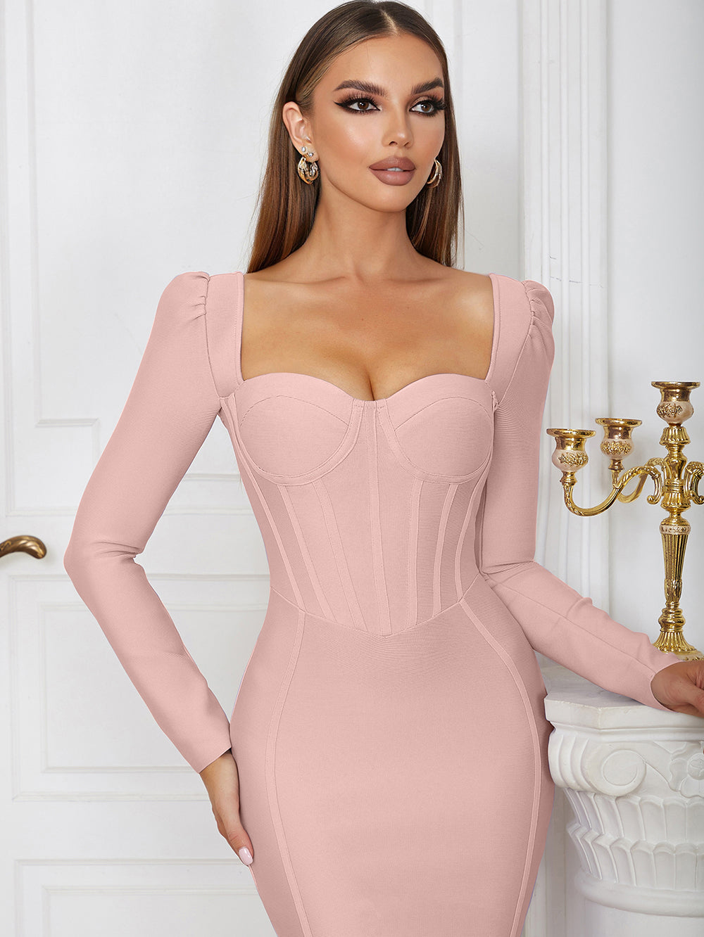 Long Sleeve Corset Design Midi Dress HV9755