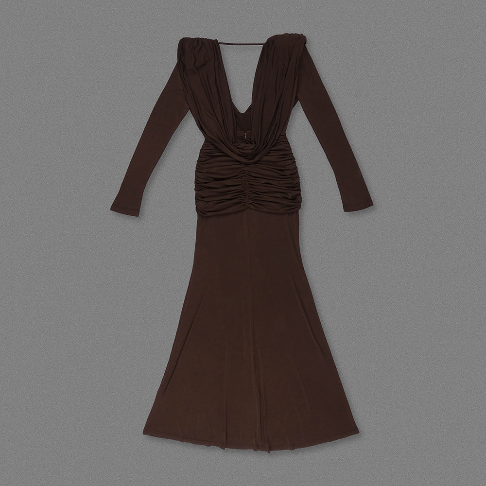 Long Sleeve Draped Maxi Dress Brown HV2076