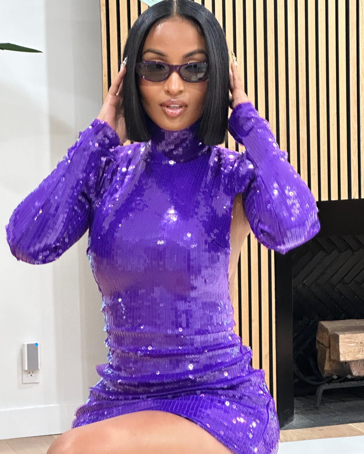 Long Sleeve Sequin Backless Dress Purple HV1009