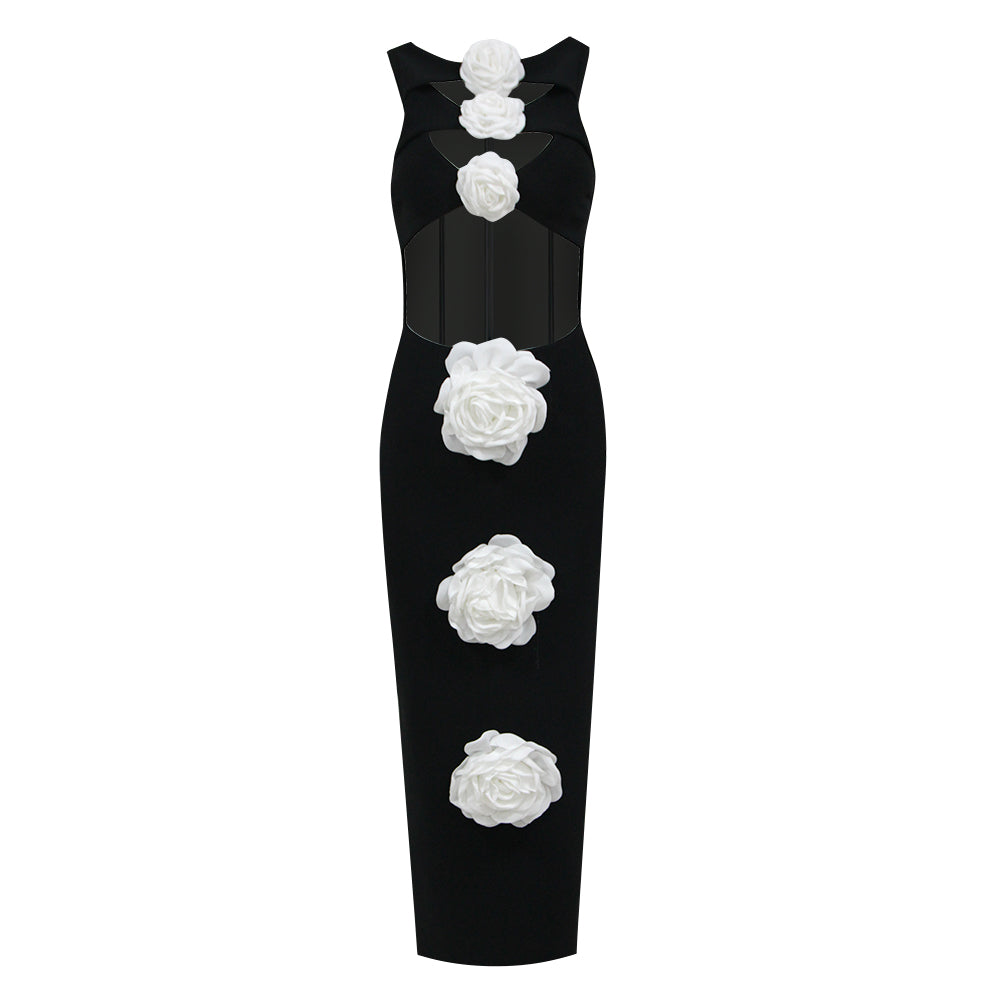 Floral Detail Midi Dress Black White HV1398