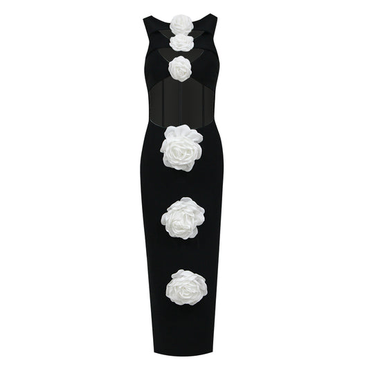Floral Detail Midi Dress Black White HV1398