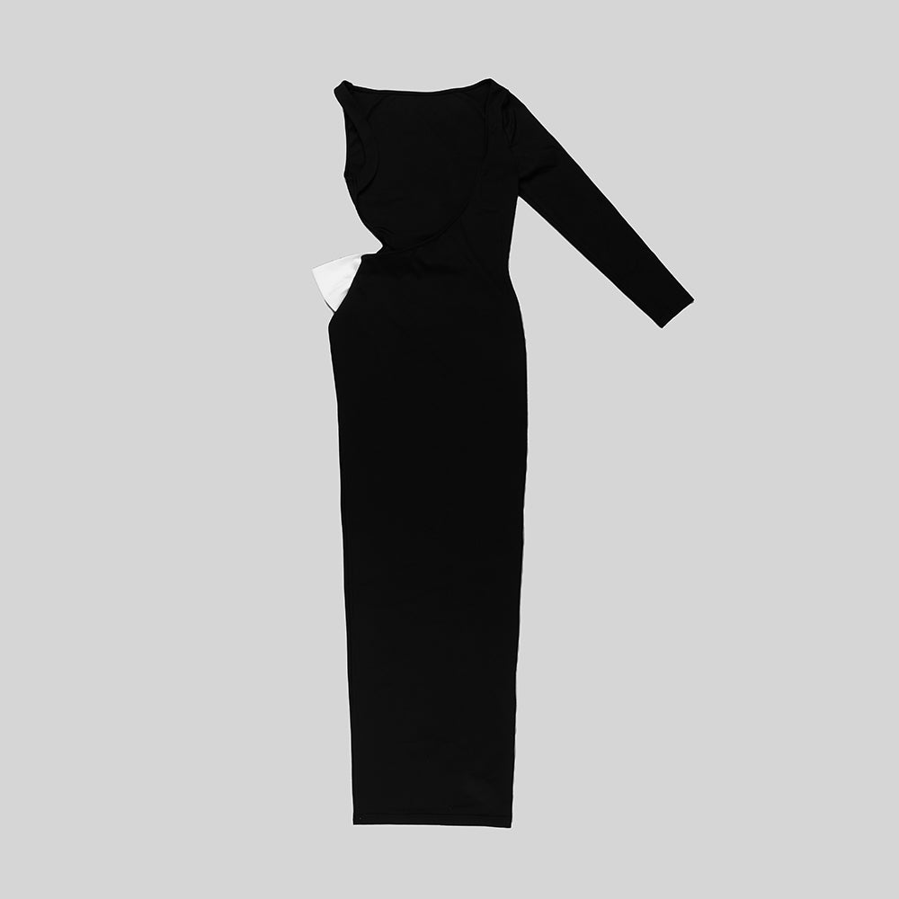 One Sleeve Bow Backless Maxi Dress Black HV9812