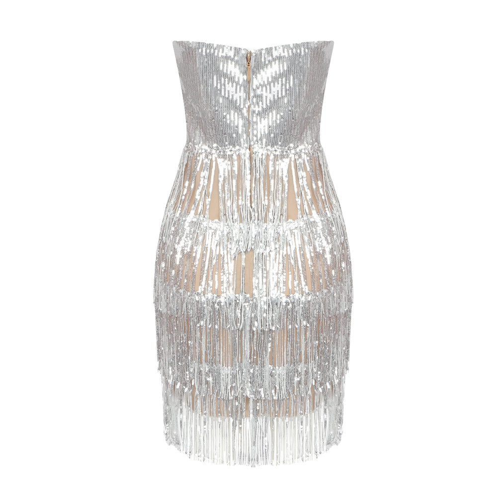 Strapless Crystal Sequin Tassel Dress Silver HV9847