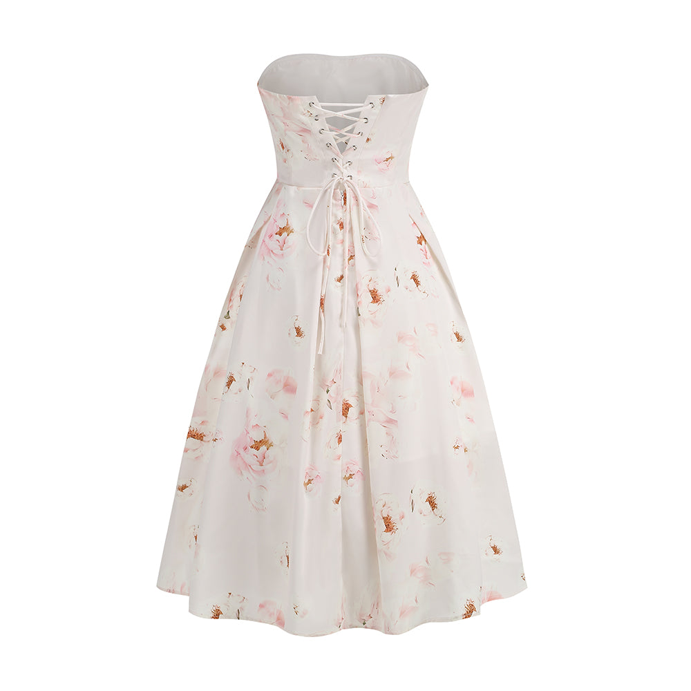 Strapless Floral Corset A Line Midi Dress