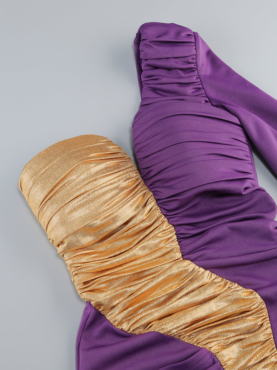 One Sleeve Ruched Dress Purple Gold