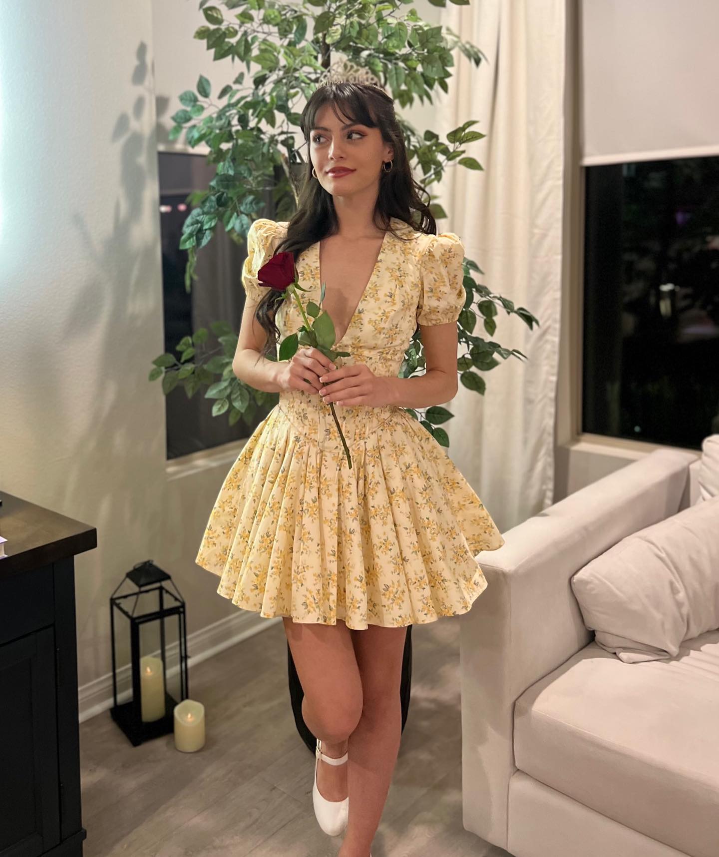Short Sleeve Floral A Line Dress Yellow HV1205