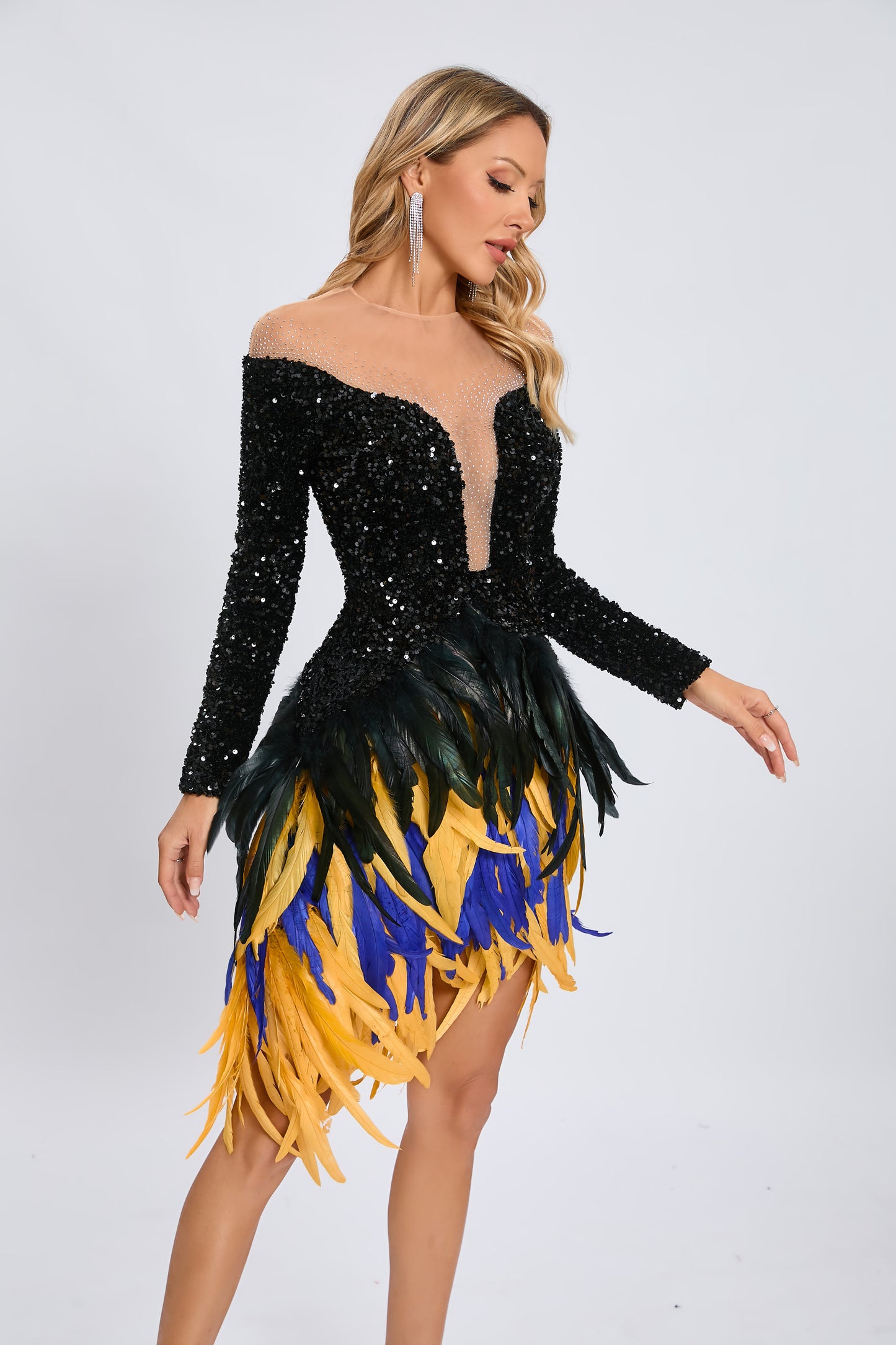 Long Sleeve Sequin Feather Dress Black HV1980