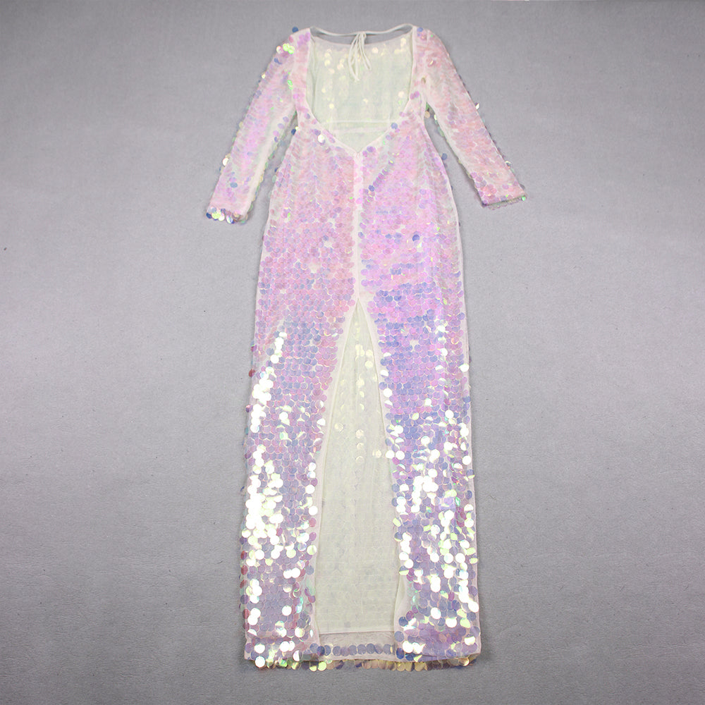 Long Sleeve Big Sequins Backless Maxi Dress Duochrome