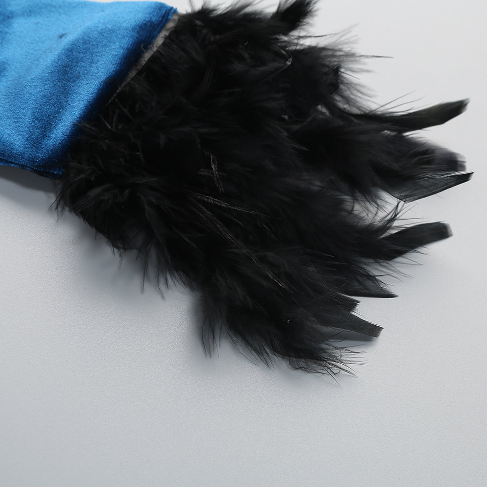 Feather Long Sleeve Velvet Dress Blue