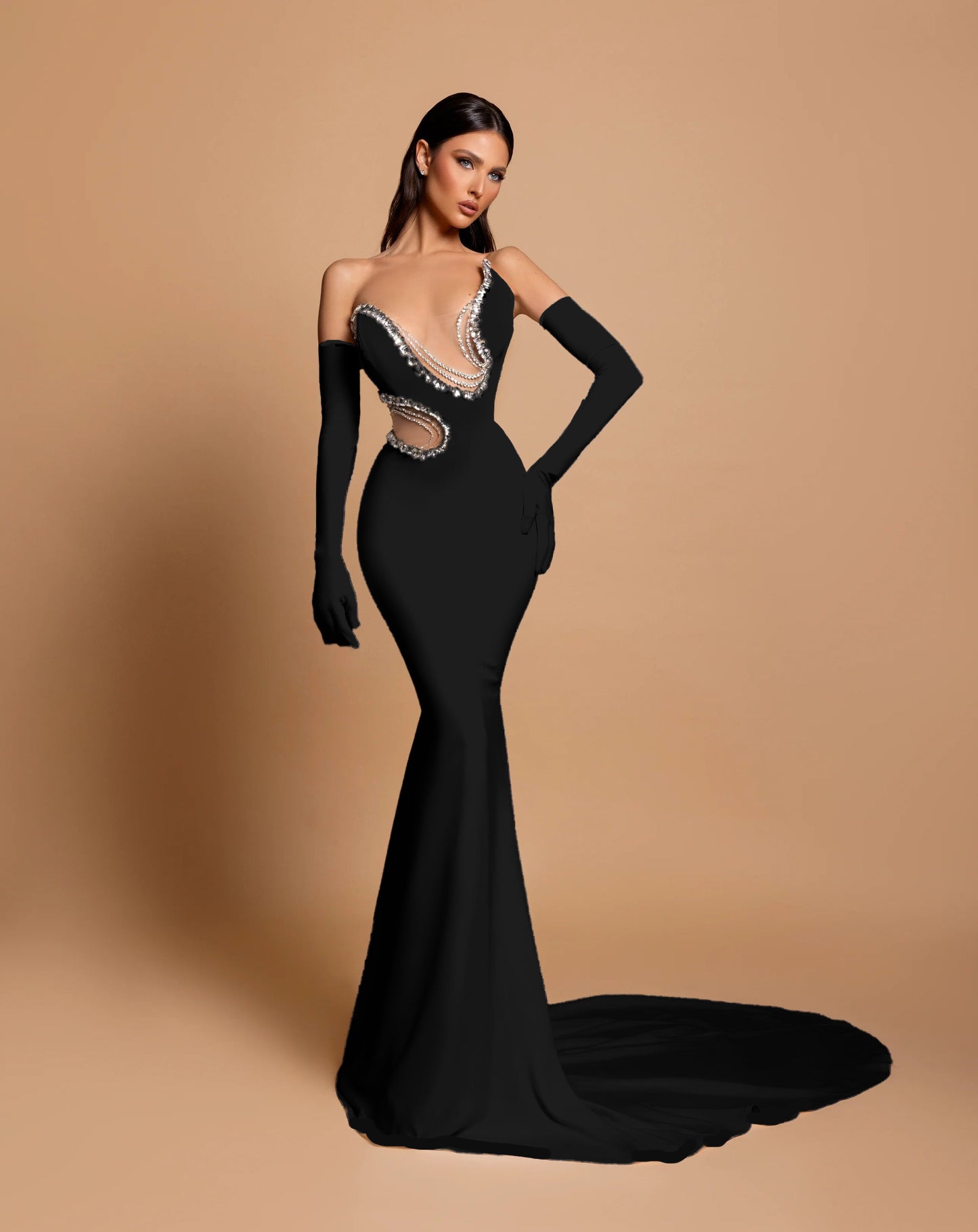 Strapless Crystal Mermaid Maxi Velvet Dress Black HV1763