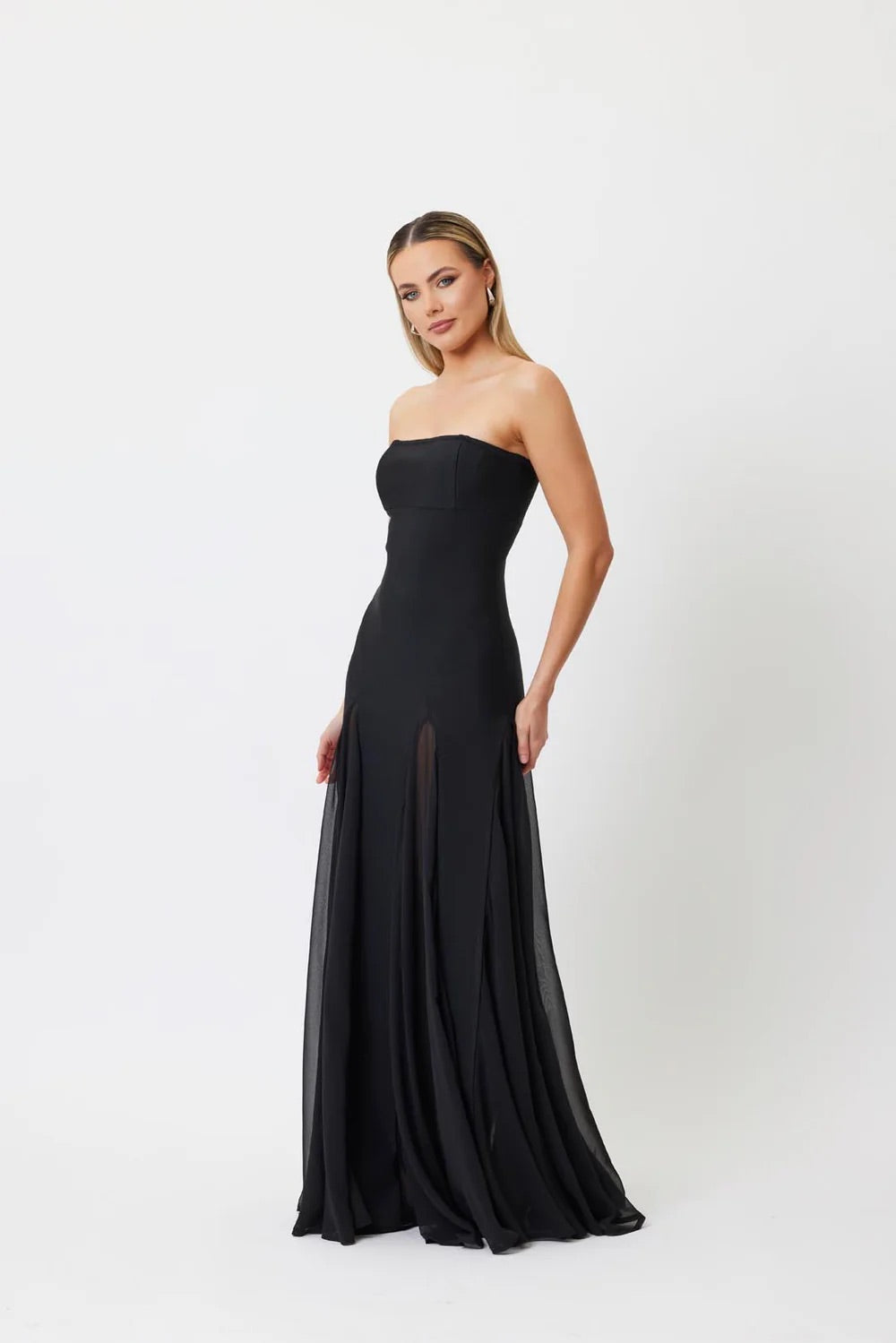 Strapless Mesh Insert A Line Maxi Dress HV1962