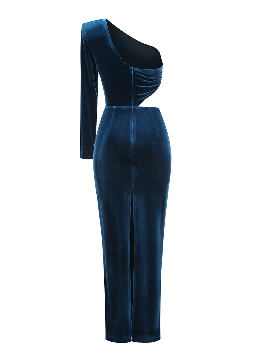 One Sleeve Maxi Velvet Dress Blue