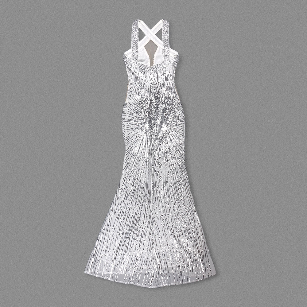 Halter Sequin Maxi Dress Silver HV1299