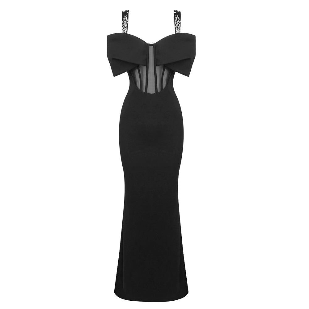 Bow Bustier Structured Mesh Maxi Dress Black HV1884