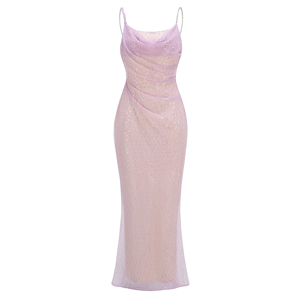 Crystal Straps Draped Sequin Maxi Dress HV1365