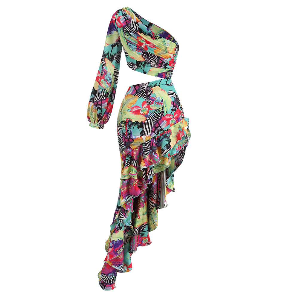 One Sleeve Floral Ruffle Maxi Dress Hot Pink Lime HV1389