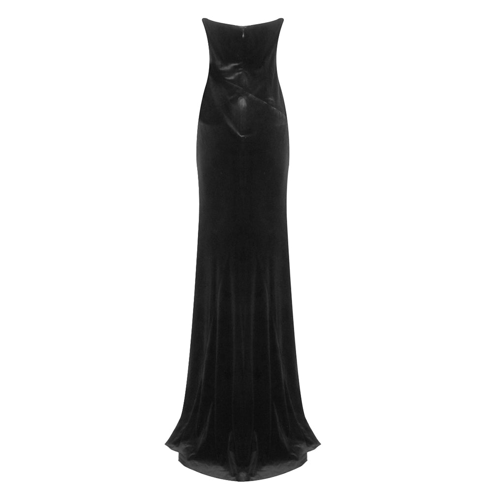 Strapless Crystal Corset Maxi Velvet Dress Hot Pink Black HV2064
