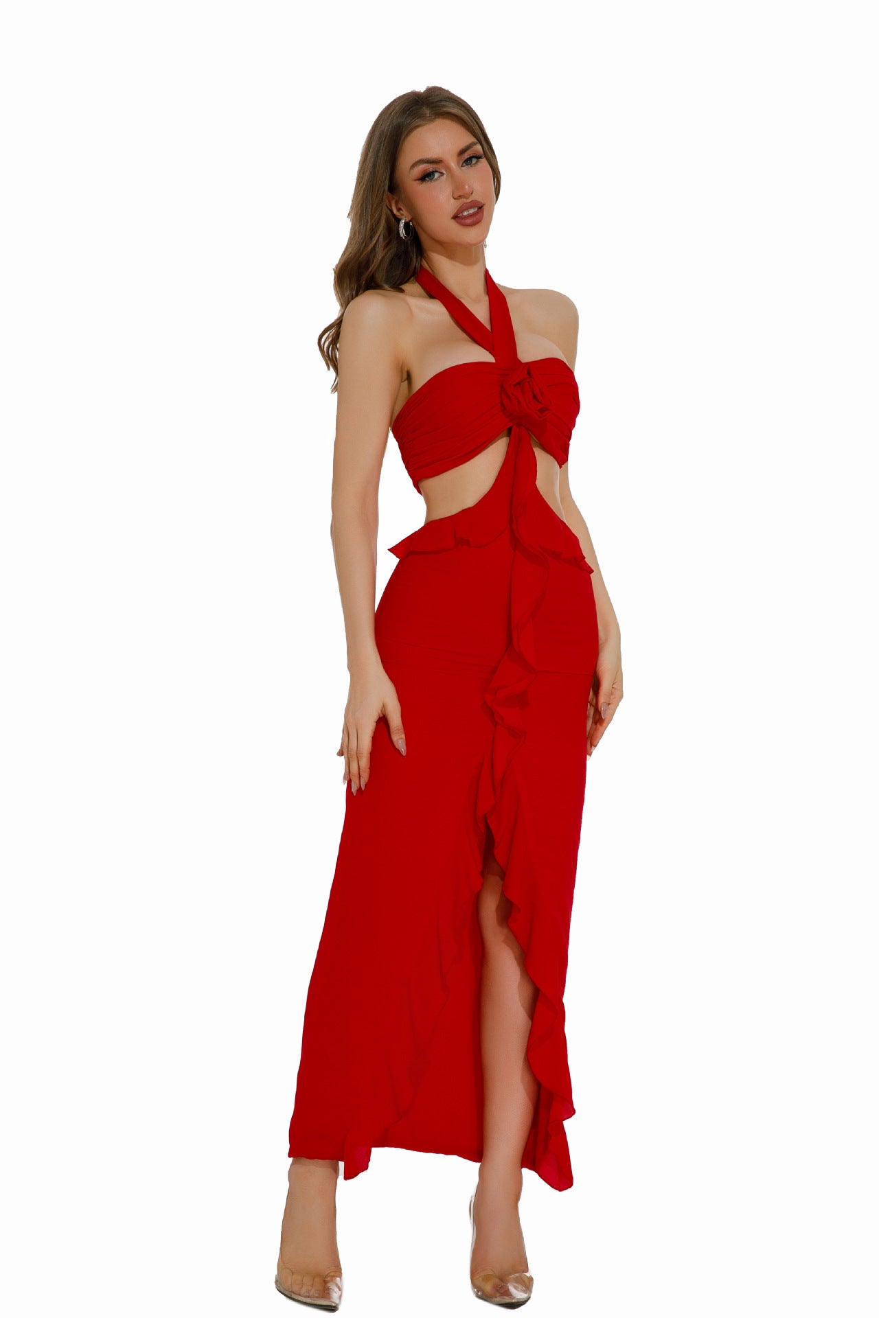 Halter Floral Ruffle Maxi Dress Red