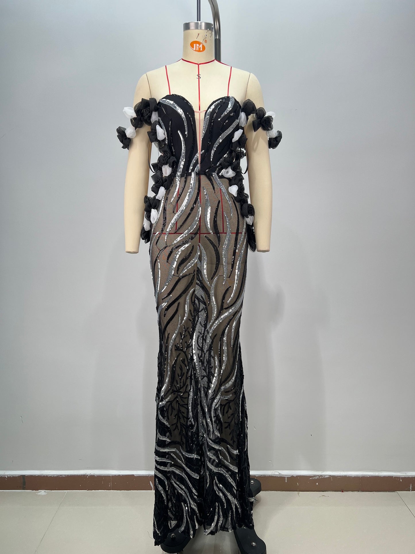 Bardot Petal Sequin Maxi Dress Black Silver HV1743