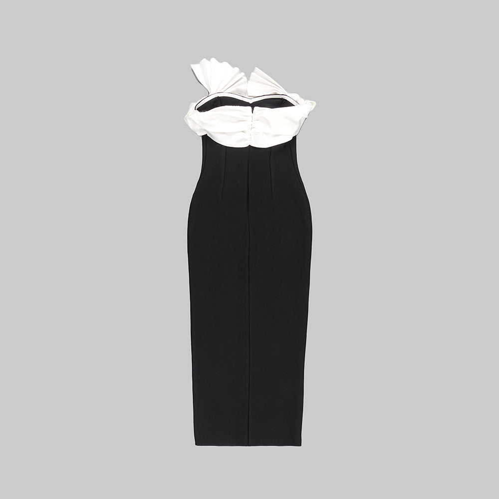 Pleated Detail Midi Dress Black White HV9661