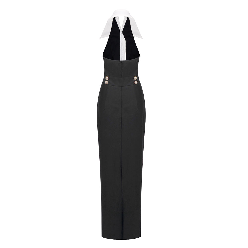 Halter Collar Maxi Dress Black White HV1780