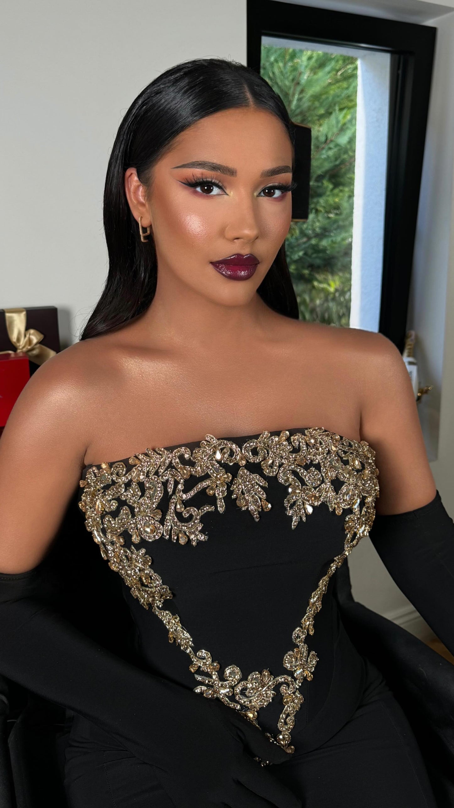 Strapless Gold Applique Maxi Velvet Dress Black HV2151