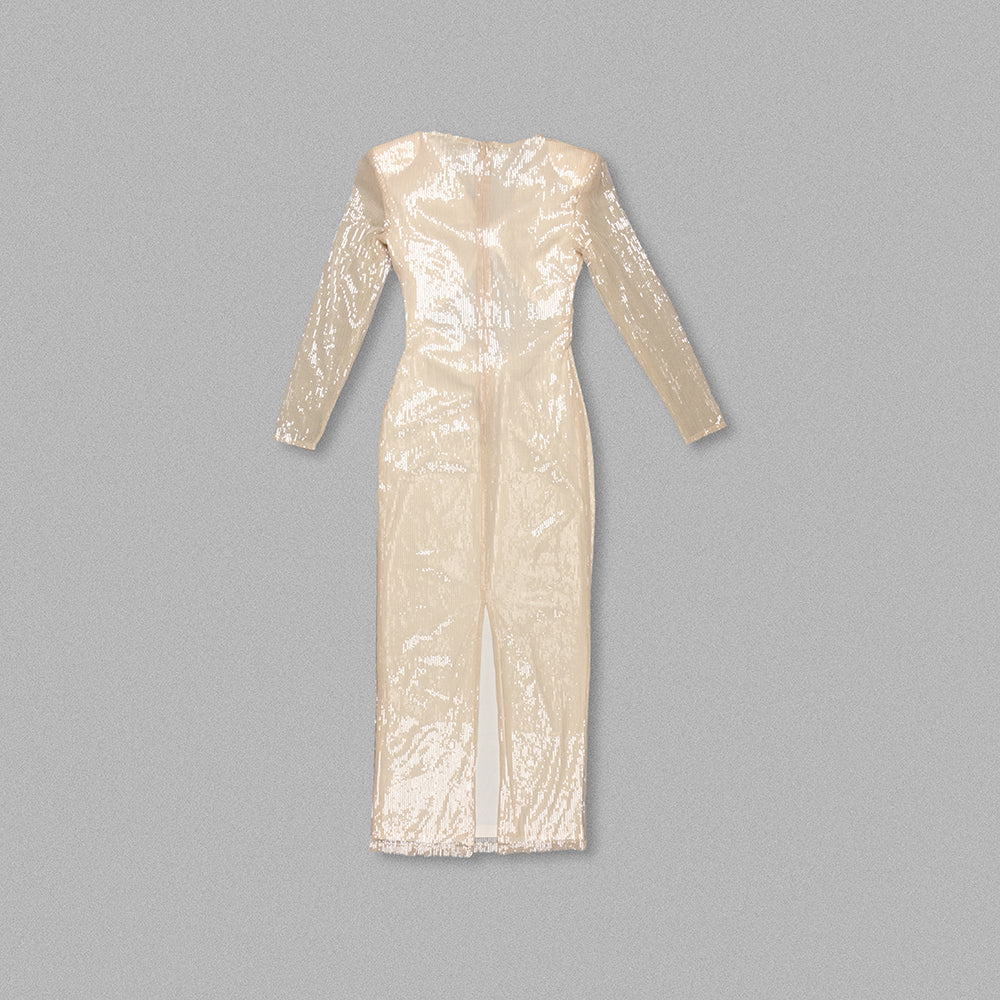 Long Sleeve Flower Sequin Midi Dress Nude HV1086