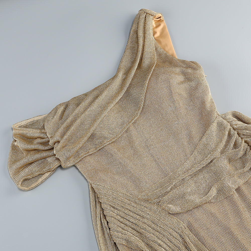 One Shoulder Draped Maxi Dress Gold Nude HV2070