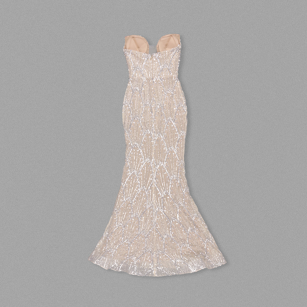 Strapless Pearl Sequin Bustier Maxi Dress Nude HV1781