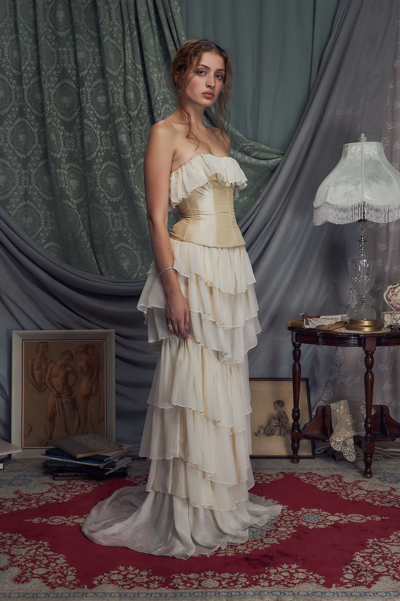 Strapless Corset Ruffle Maxi Dress Ivory HV1230