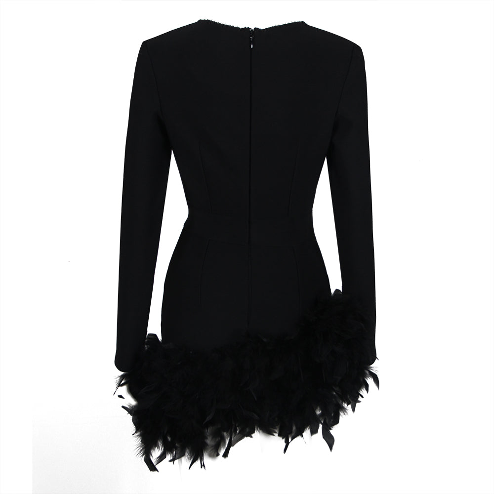 Long Sleeve Rhinestone Feather Dress HV9215