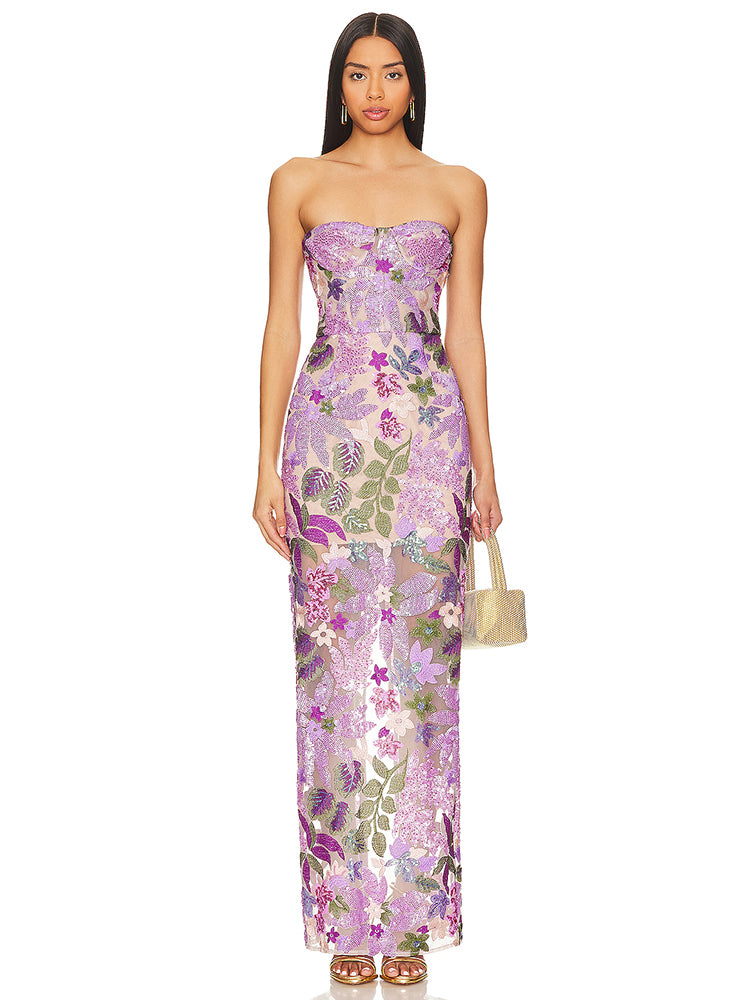 Strapless Floral Sequin Bustier Maxi Dress Lavender HV1373