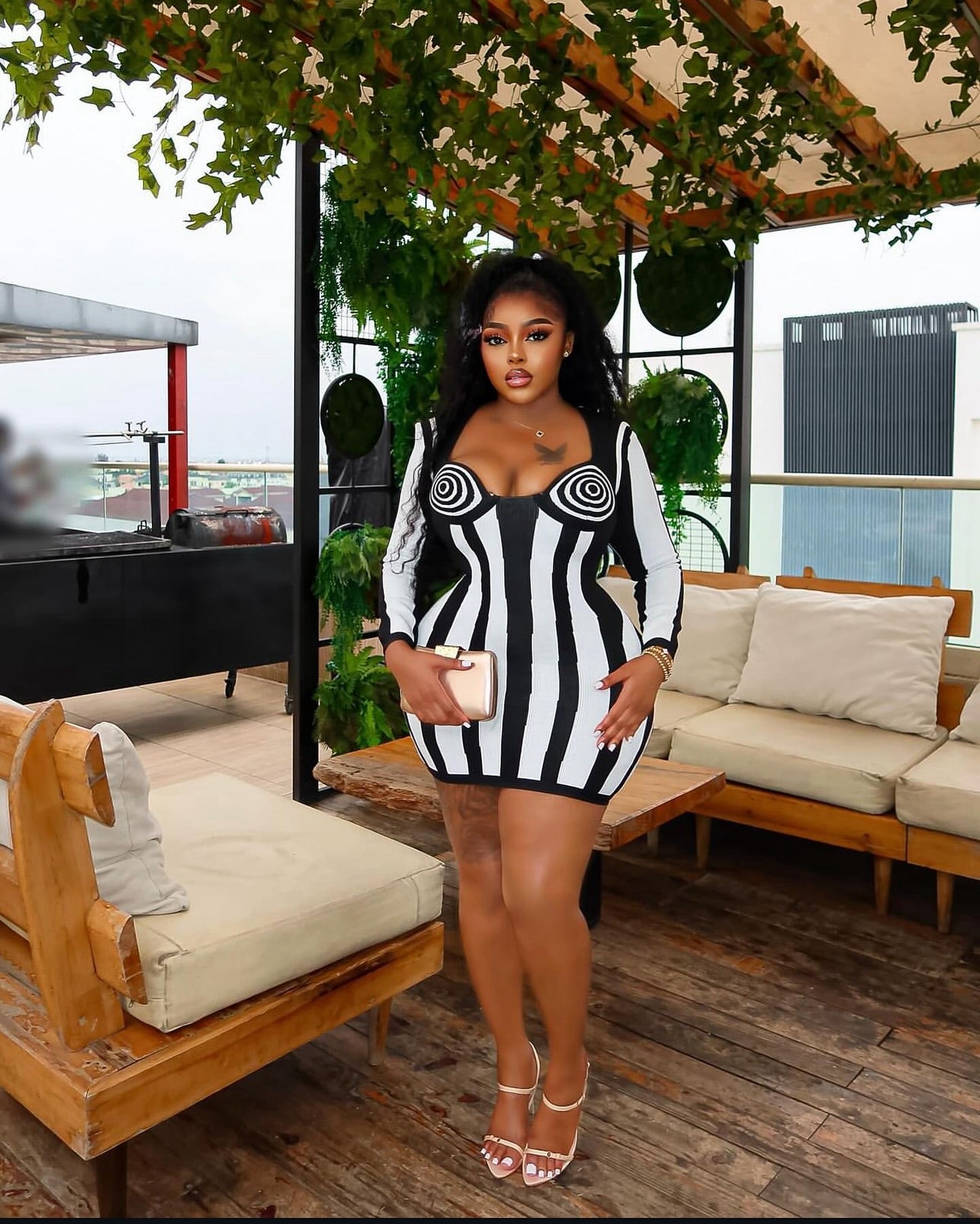 Long Sleeve Bustier Striped Dress Black White HV1805