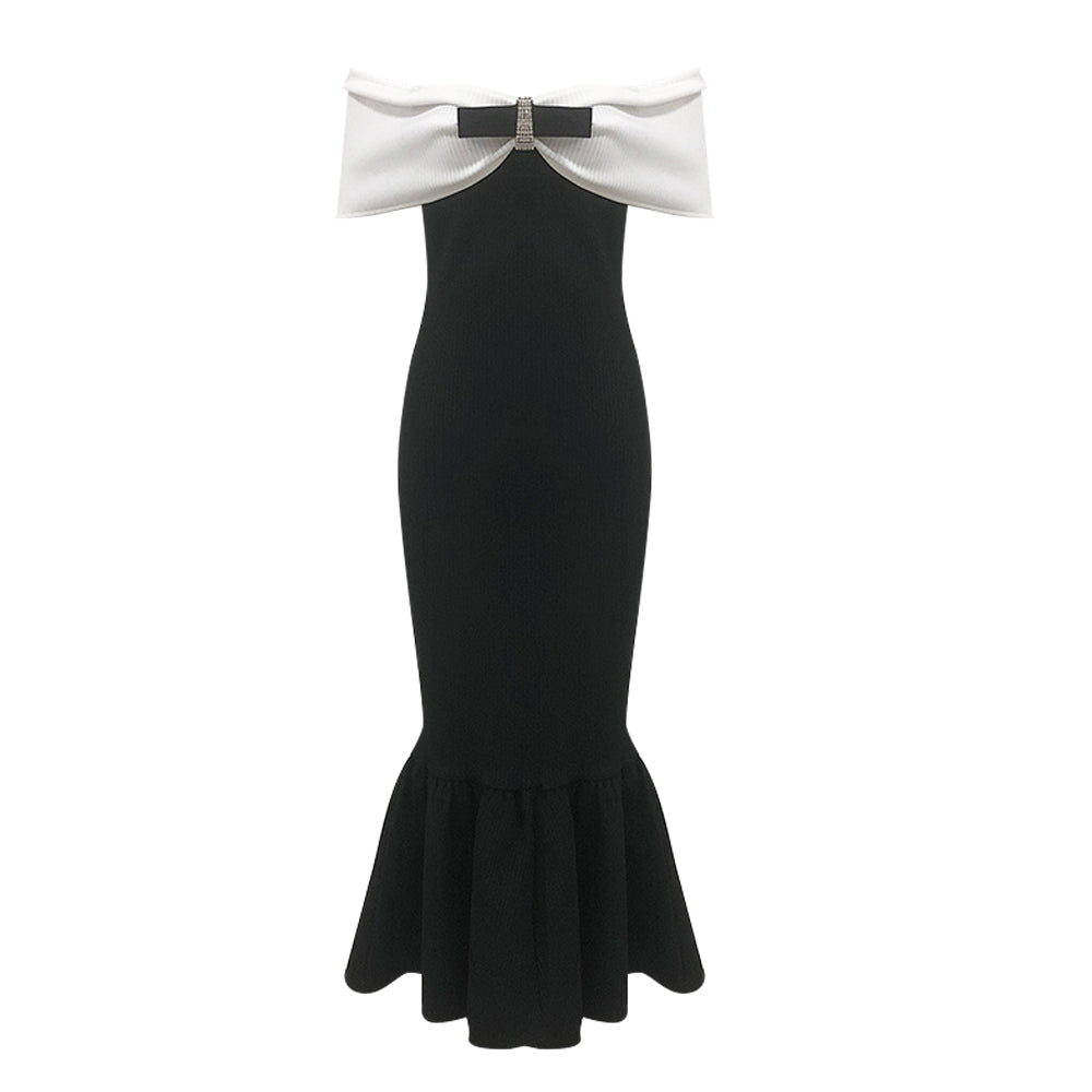 Bardot Ribbed Fluted Midi Dress Black White