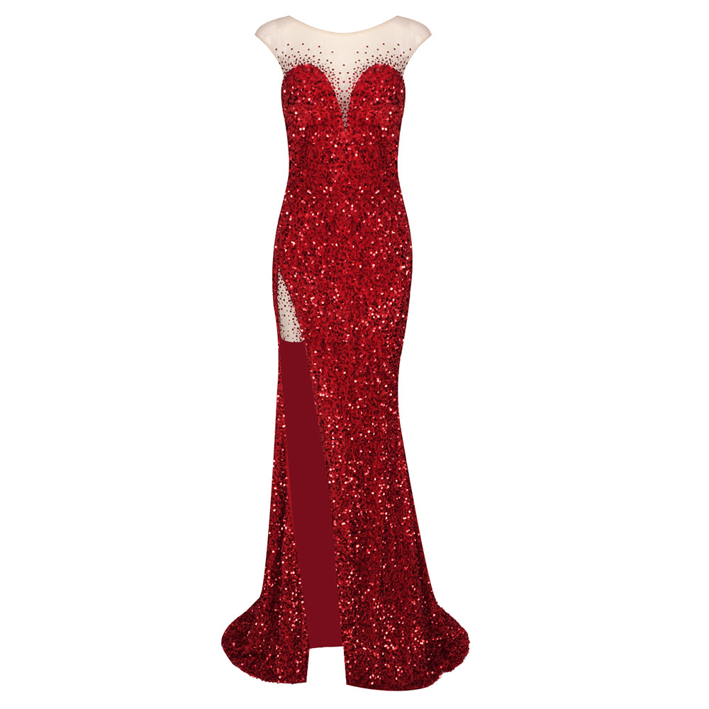 Mesh Insert Sequin Mermaid Maxi Dress Red HV1148