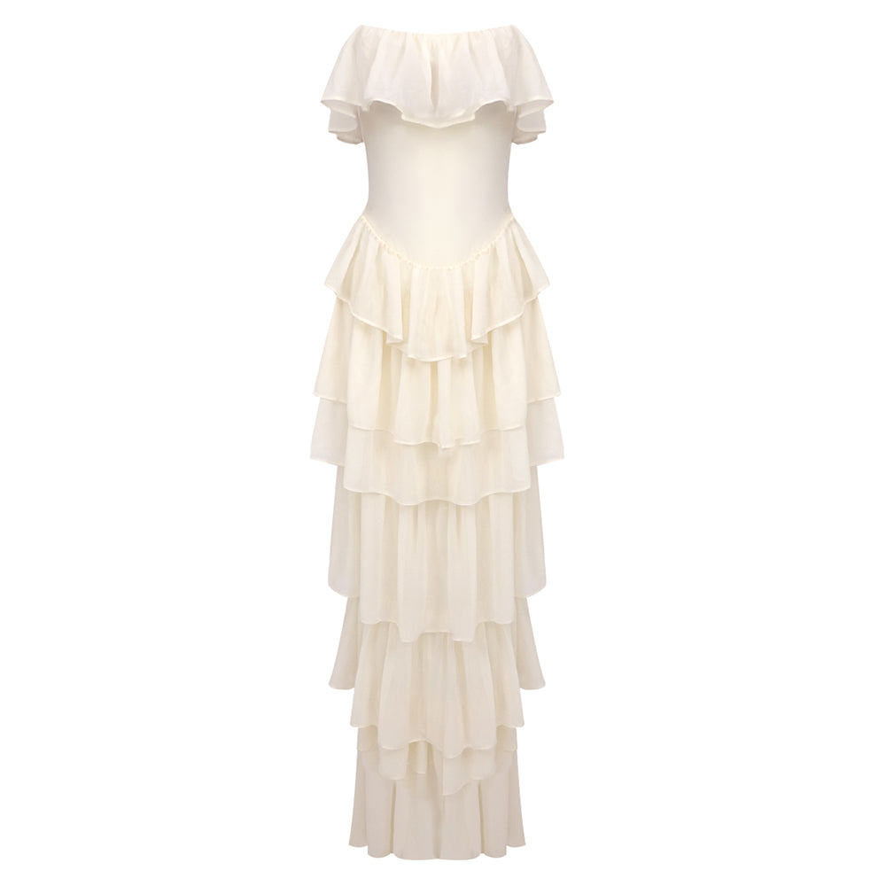Strapless Corset Ruffle Maxi Dress Ivory HV1230