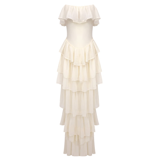 Strapless Corset Ruffle Maxi Dress Ivory HV1230